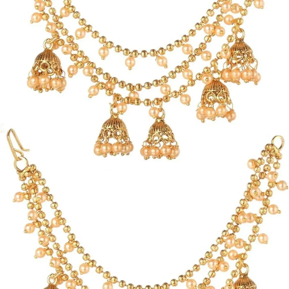 Gold Plated Bahubali Earrings Hair Chain Jhumki Traditional Indian Jewelry - Picture 1 of 4